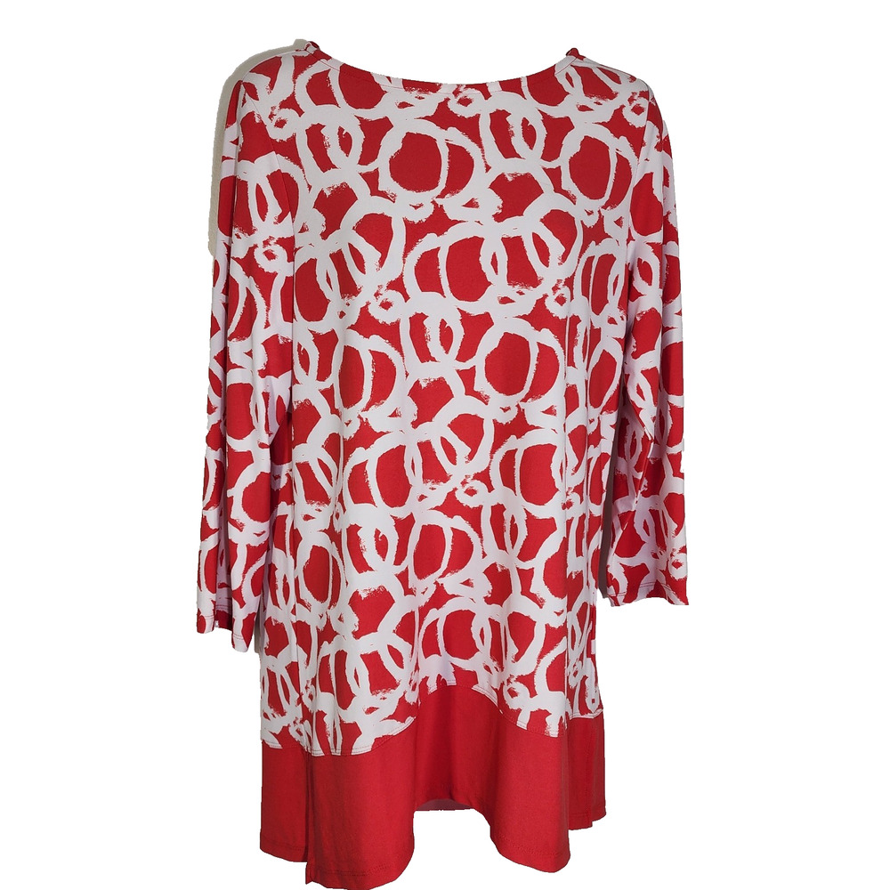 Susan Graver Womens Tunic Top Medium Red Liquid Knit Slits Printed 3/4 Sleeves